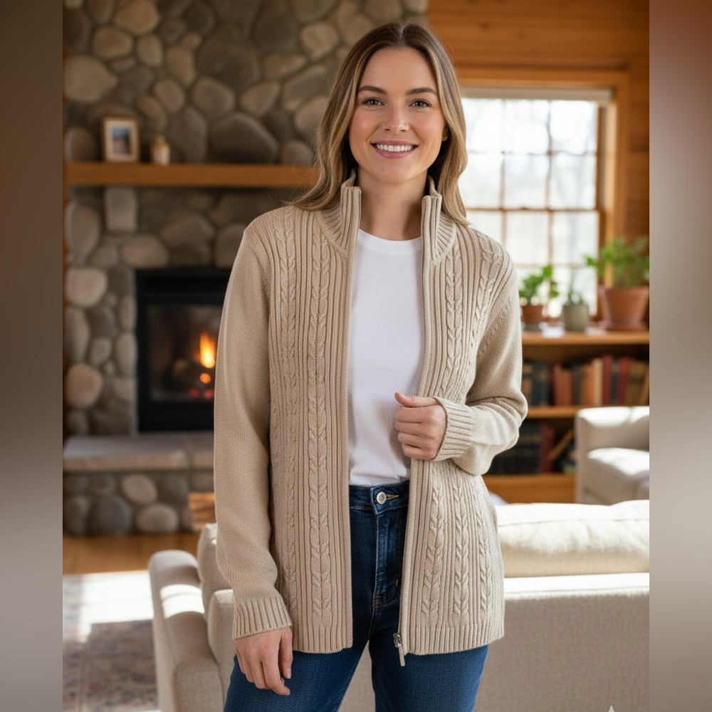 Tradition Country Collection Tan Cable Knit Full Zip Sweater Women’s SP - Picture 1 of 8